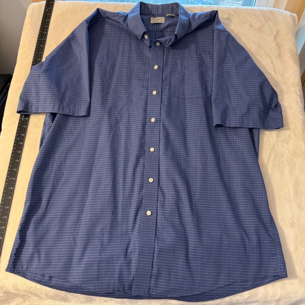 LL Bean Mens XL Tall Blue Grid Short Sleeve Cotton Button Down Shirt NX48